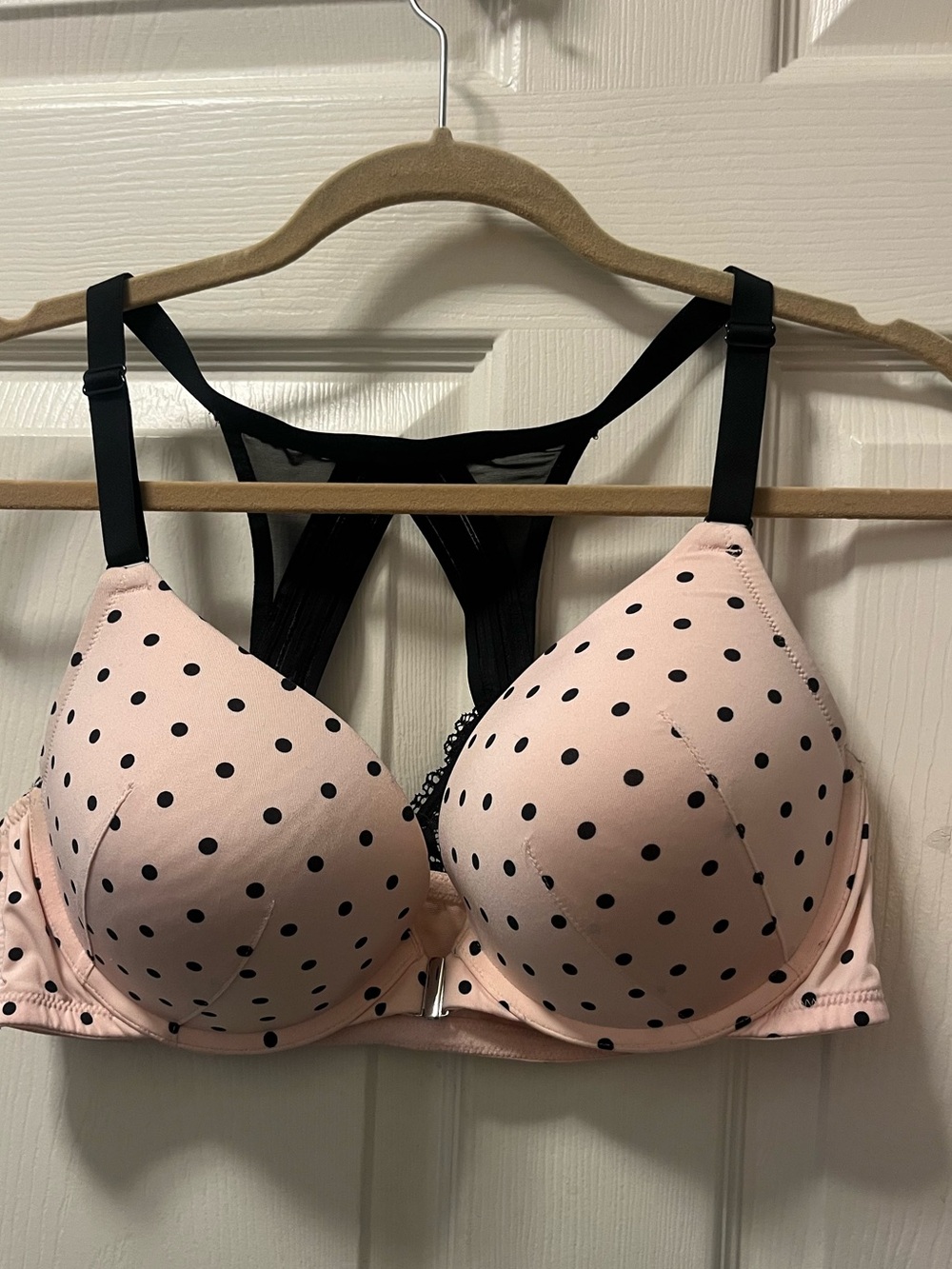 Cacique Snap Front Pink Black Polka Dot Racerback Push Up Bra Womens Plus SZ 40C